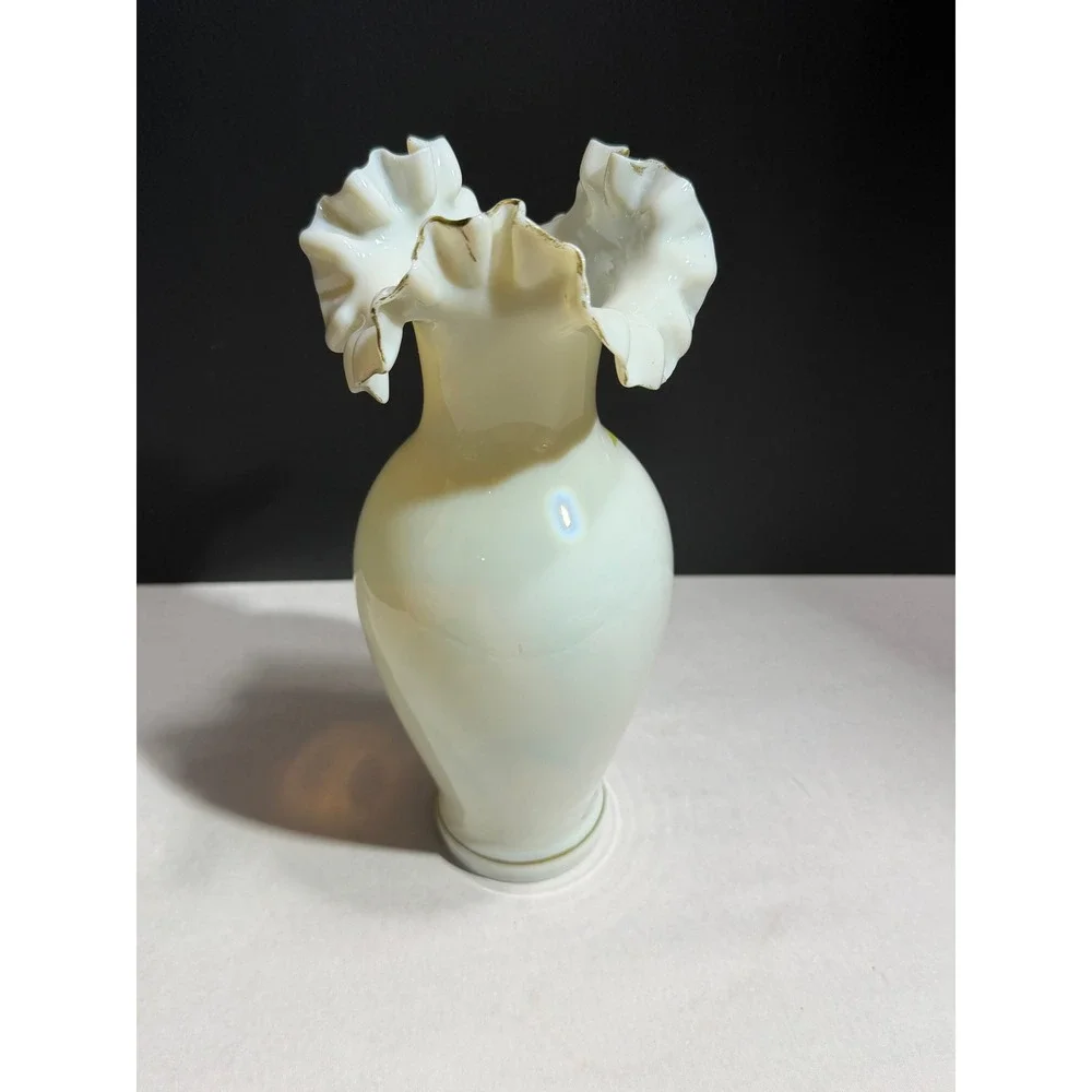 Vintage Bristol Opaque Glass Ruffled Vase Hand Painted Floral Gold Trim